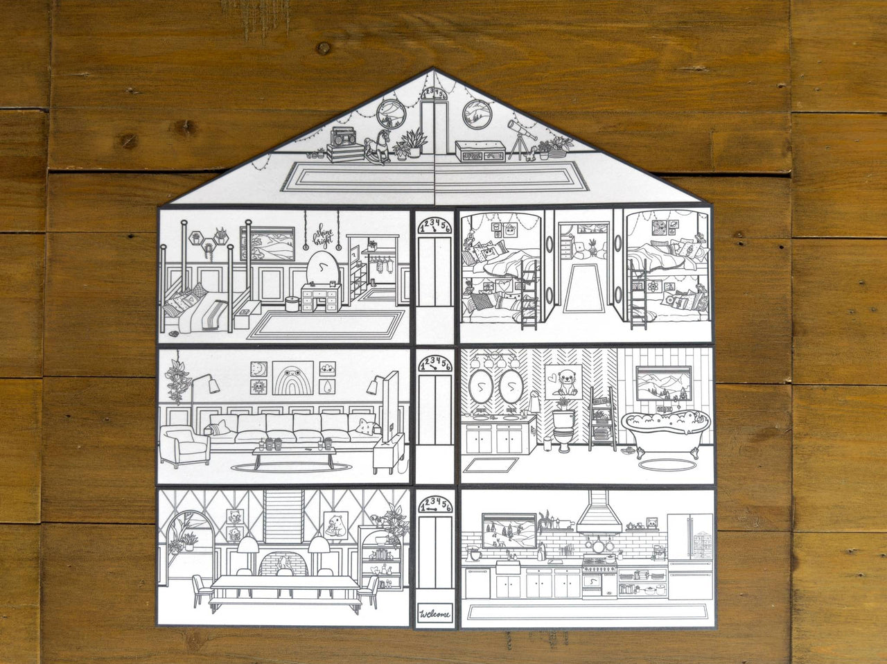 Blueprint-style illustration of a house layout on a wooden background